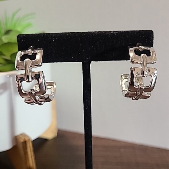 Silver Hoop Earrings Modern Geometric‎ Statement Fashion Jewelry - Picture 1 of 6